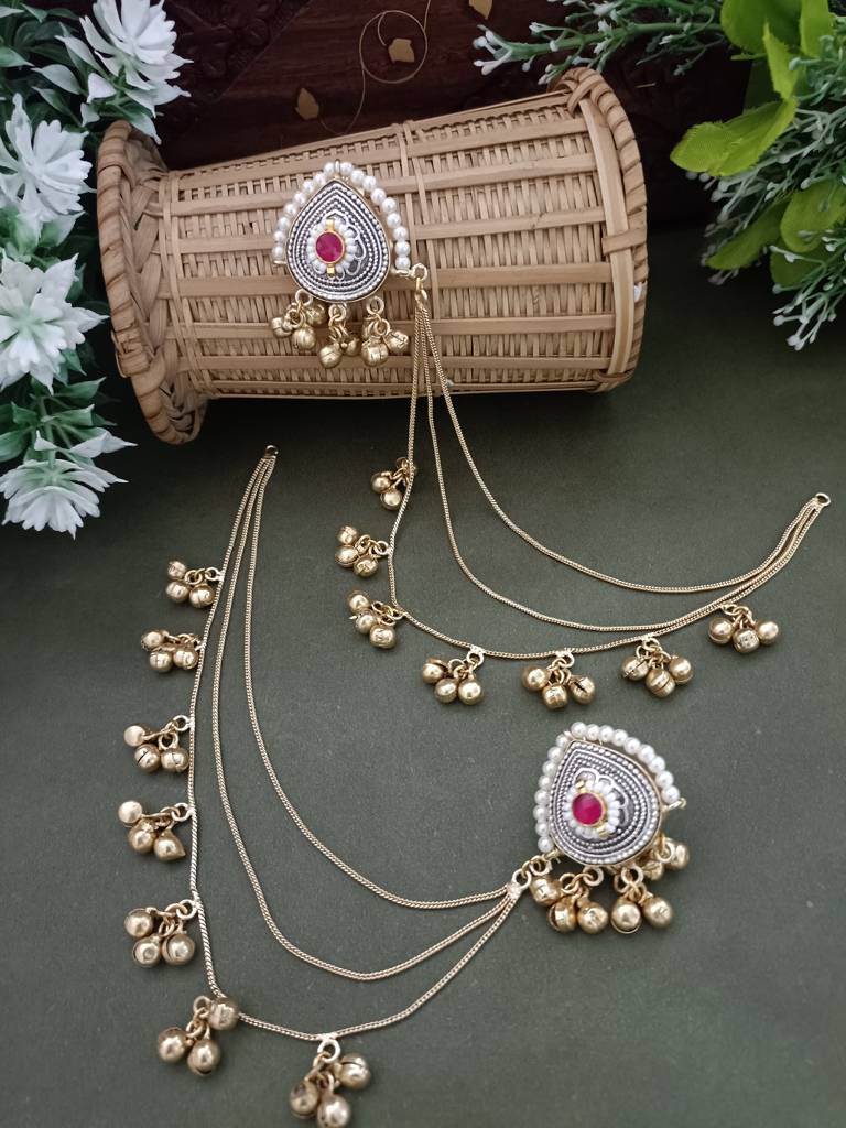 Gold-Plated Kashmiri Ear Chains With Multilayer Ghungroo Drops : VS105392