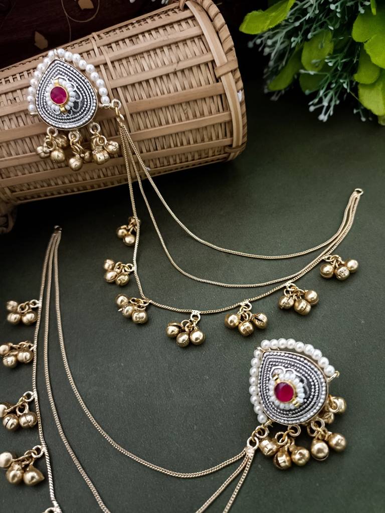 Gold-Plated Kashmiri Ear Chains With Multilayer Ghungroo Drops : VS105392
