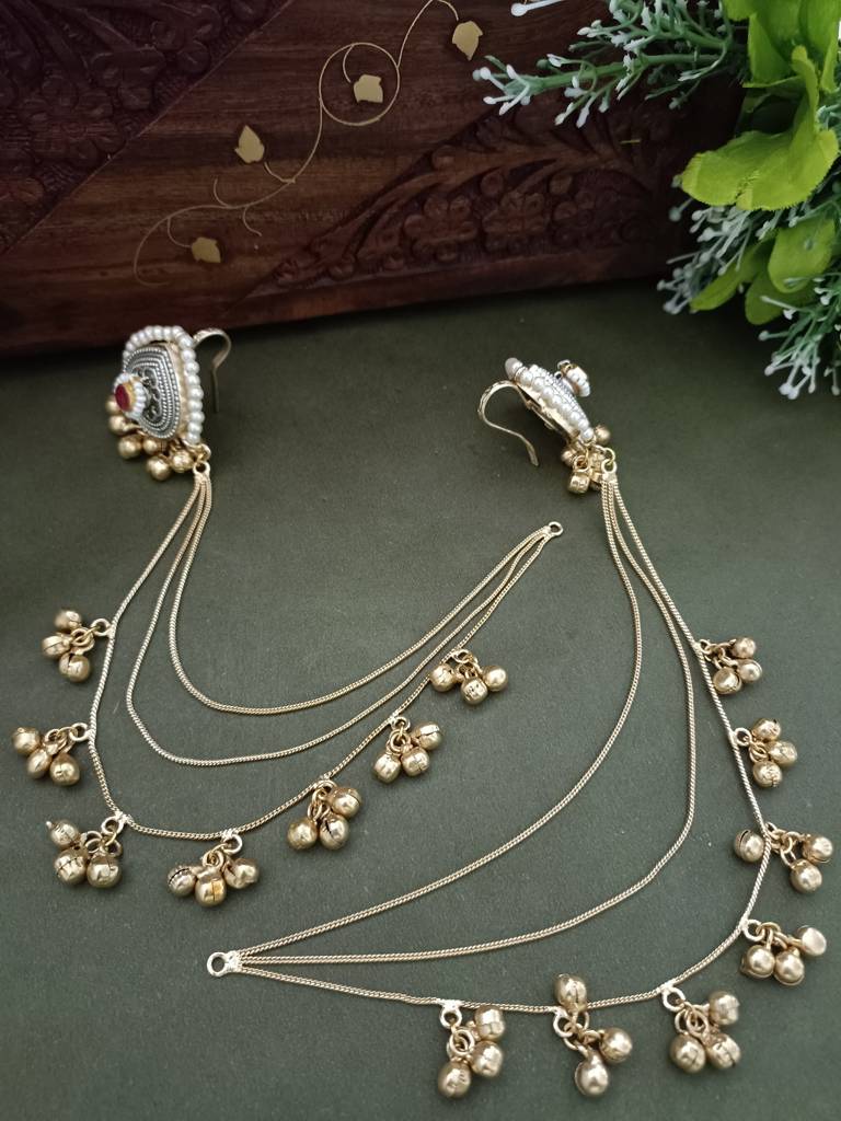 Gold-Plated Kashmiri Ear Chains With Multilayer Ghungroo Drops : VS105392
