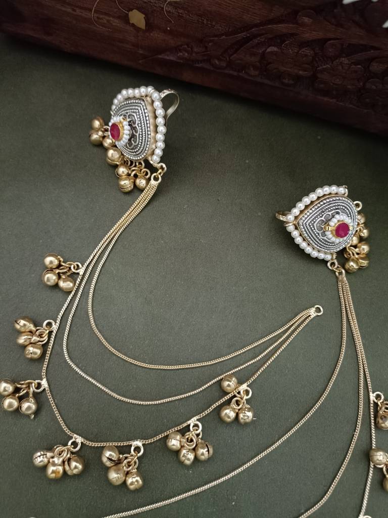 Gold-Plated Kashmiri Ear Chains With Multilayer Ghungroo Drops : VS105392