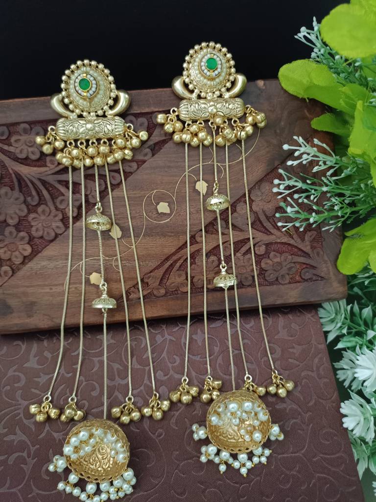 Gold-Plated Kashmiri Long Jhumka Earrings With Pearl & Ghungroo Chains : VS105385