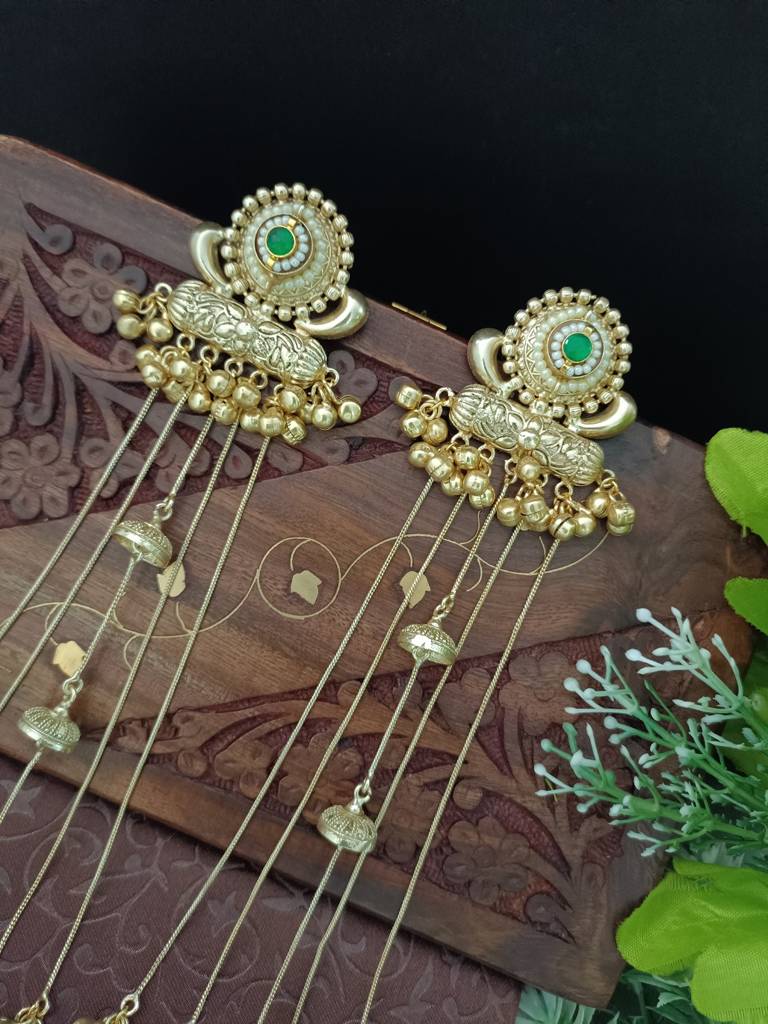 Gold-Plated Kashmiri Long Jhumka Earrings With Pearl & Ghungroo Chains : VS105385