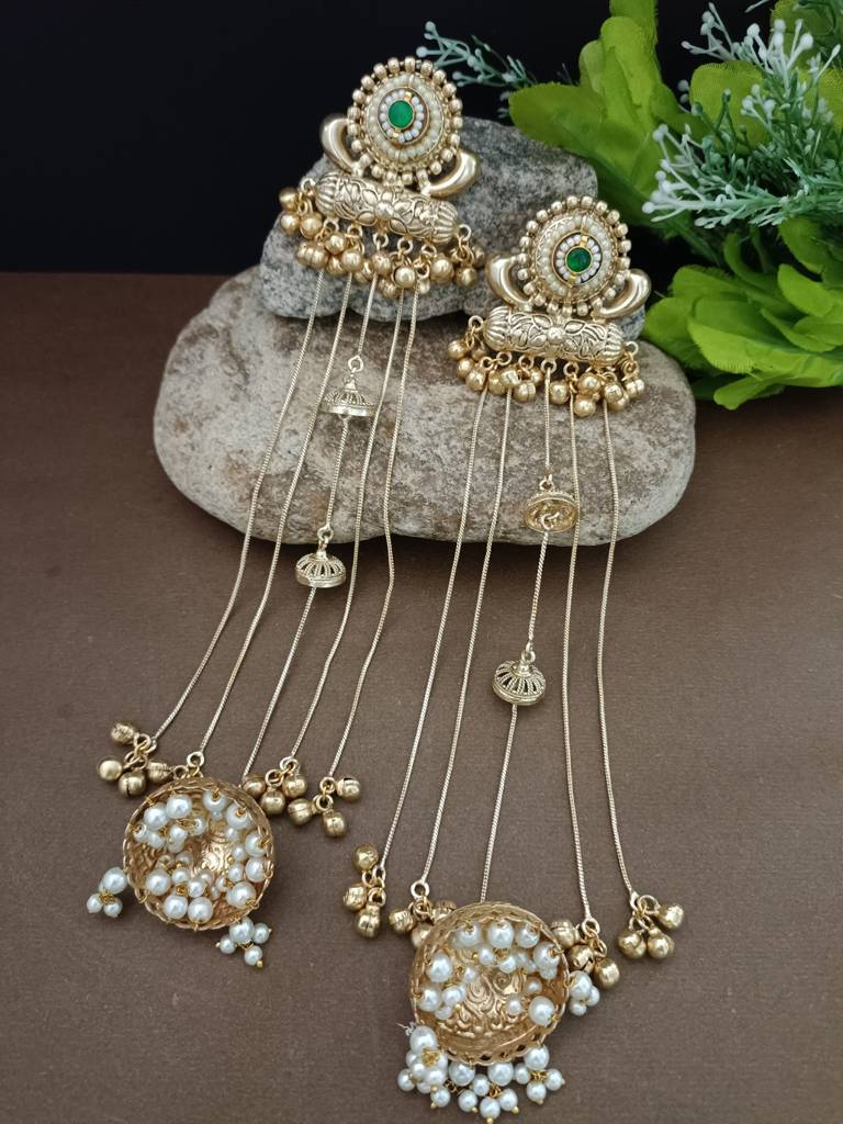 Gold-Plated Kashmiri Long Jhumka Earrings With Pearl & Ghungroo Chains : VS105385