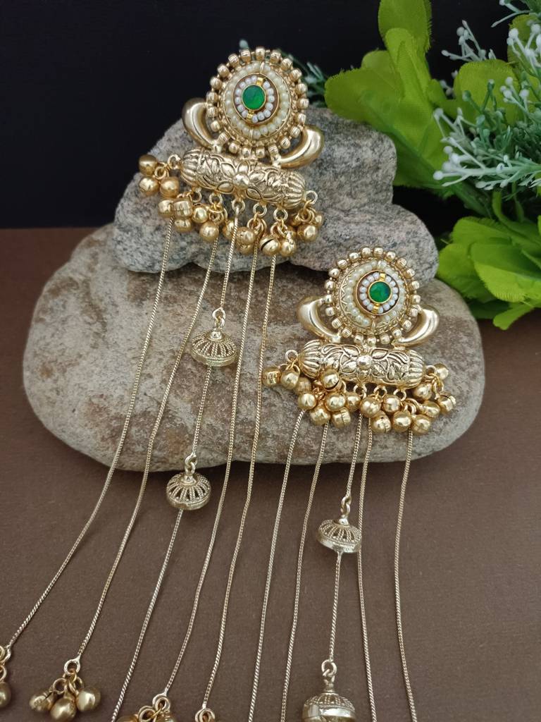 Gold-Plated Kashmiri Long Jhumka Earrings With Pearl & Ghungroo Chains : VS105385