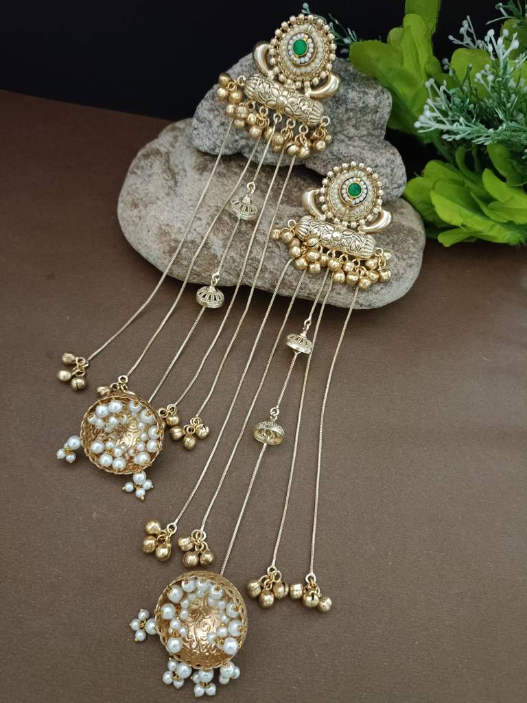 Gold-Plated Kashmiri Long Jhumka Earrings With Pearl & Ghungroo Chains : VS105385