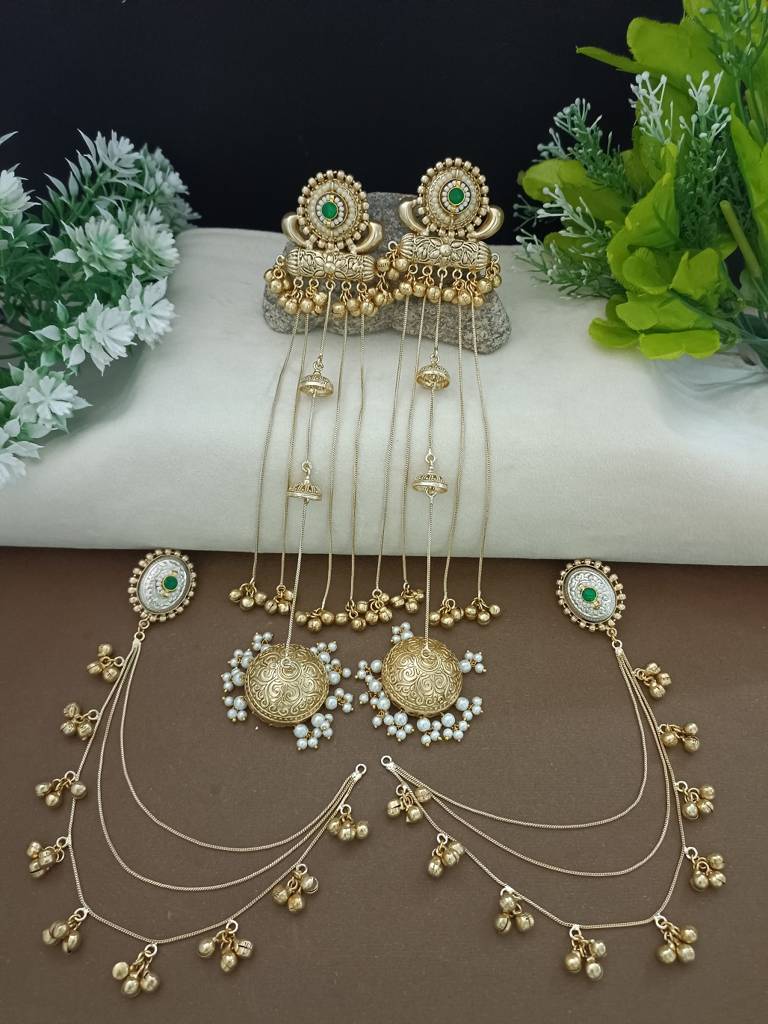 Gold-Plated Kashmiri Long Jhumka Earrings With Matching Ear Chains : VS105387