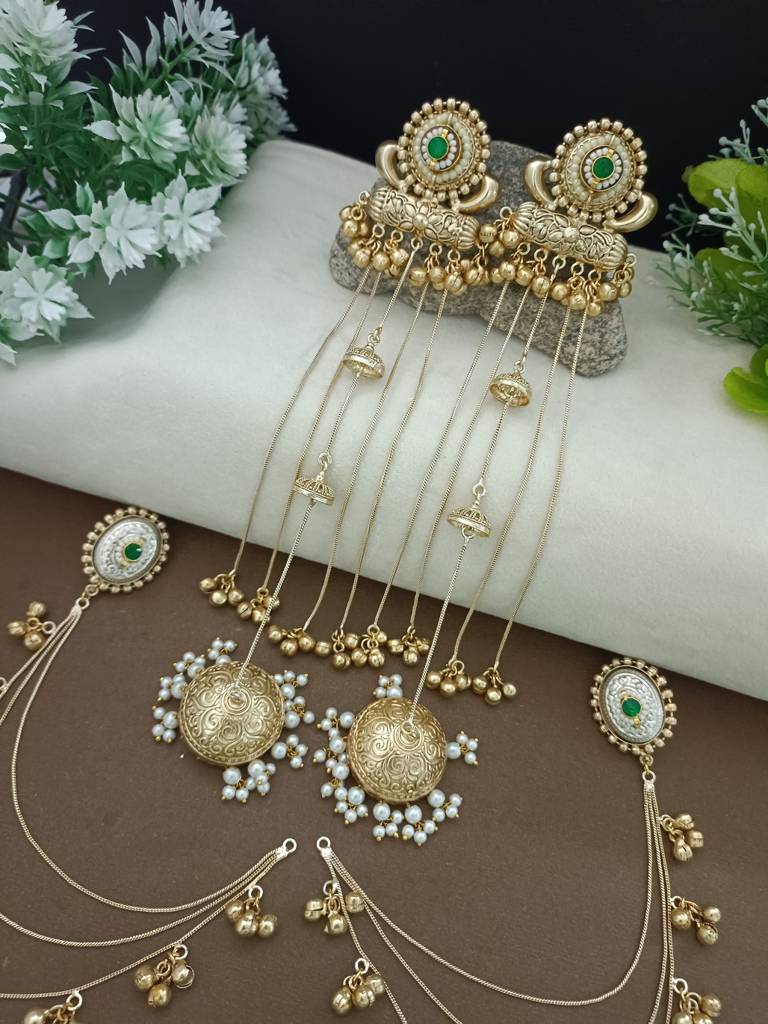 Gold-Plated Kashmiri Long Jhumka Earrings With Matching Ear Chains : VS105387