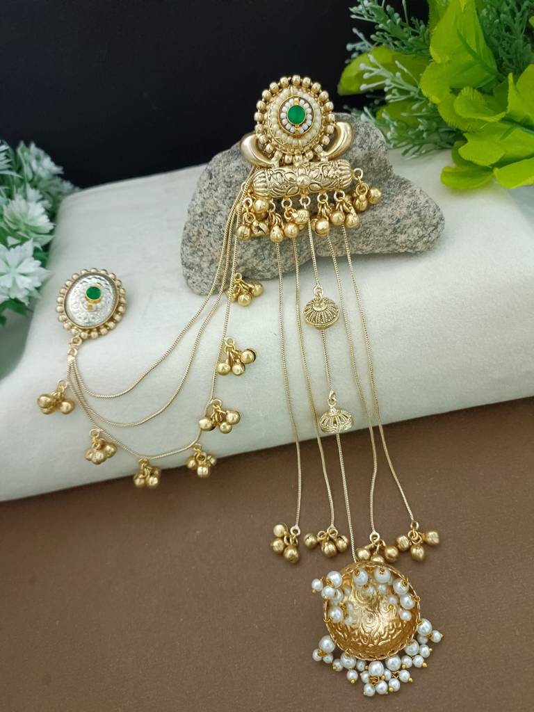 Gold-Plated Kashmiri Long Jhumka Earrings With Matching Ear Chains : VS105387