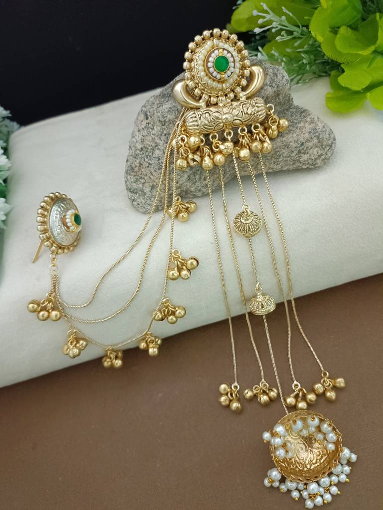 Gold-Plated Kashmiri Long Jhumka Earrings With Matching Ear Chains : VS105387