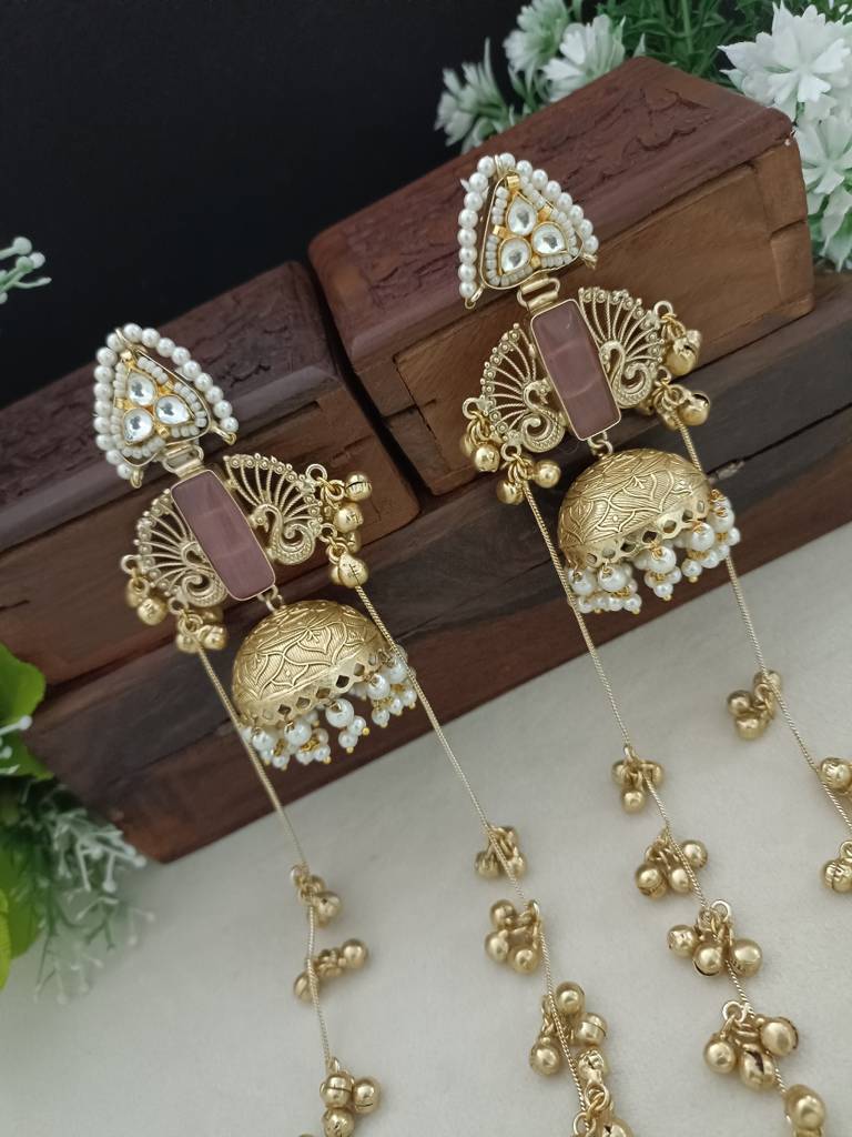 Gold Plated Kashmiri Long Jhumka Earrings With Pearl & Ghungroo Chains : VS105388