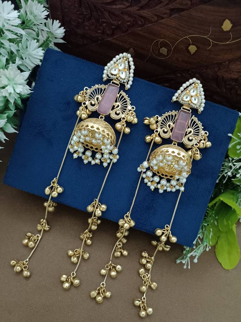 Gold Plated Kashmiri Long Jhumka Earrings With Pearl & Ghungroo Chains : VS105388