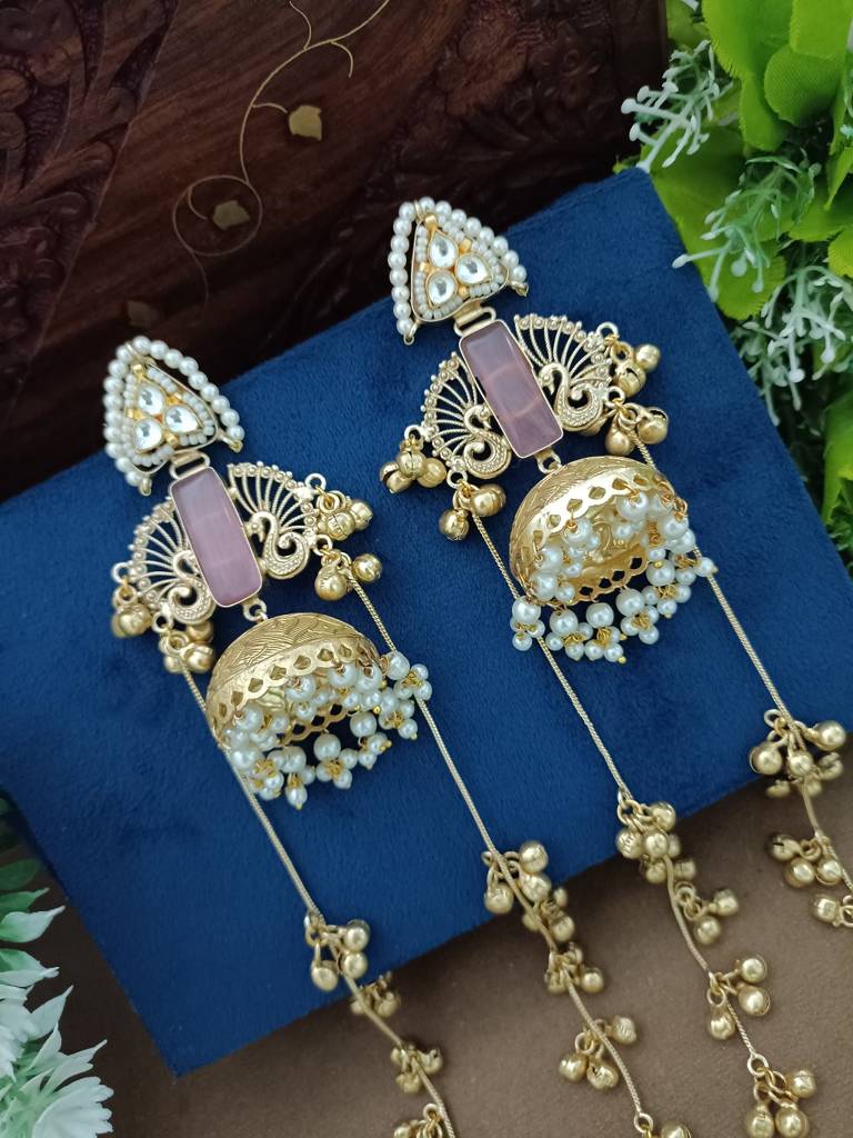 Gold Plated Kashmiri Long Jhumka Earrings With Pearl & Ghungroo Chains : VS105388