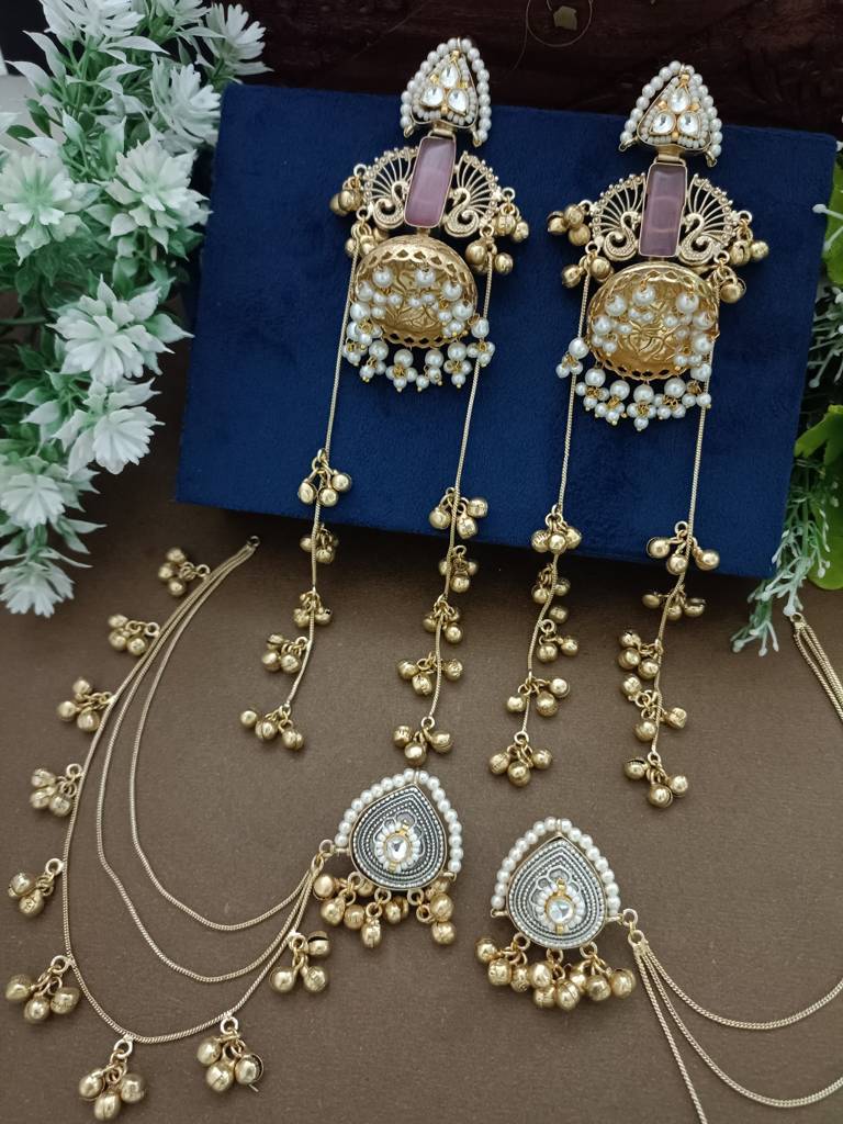 Gold Plated Kashmiri Long Jhumka Earrings With Matching Ear Chains : VS105390