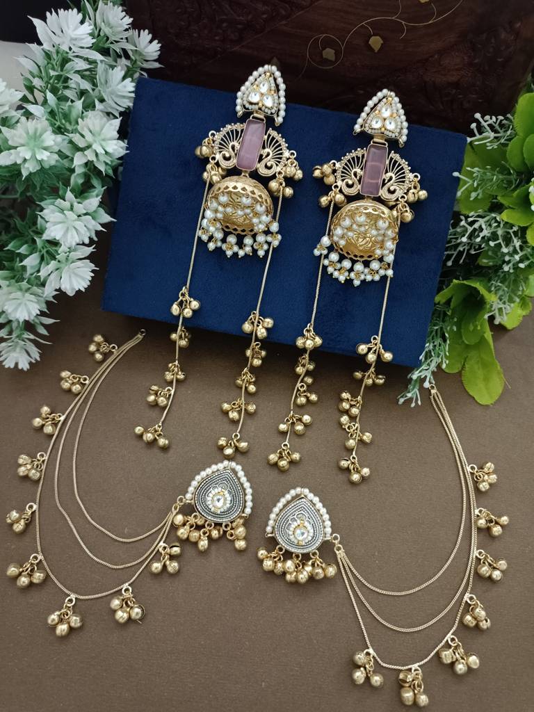 Gold Plated Kashmiri Long Jhumka Earrings With Matching Ear Chains : VS105390