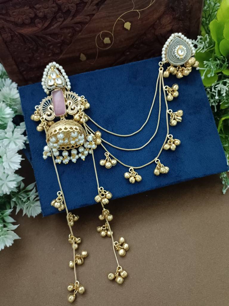 Gold Plated Kashmiri Long Jhumka Earrings With Matching Ear Chains : VS105390