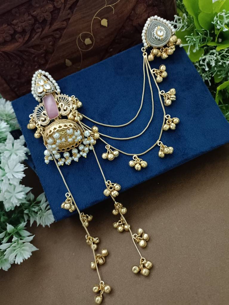 Gold Plated Kashmiri Long Jhumka Earrings With Matching Ear Chains : VS105390