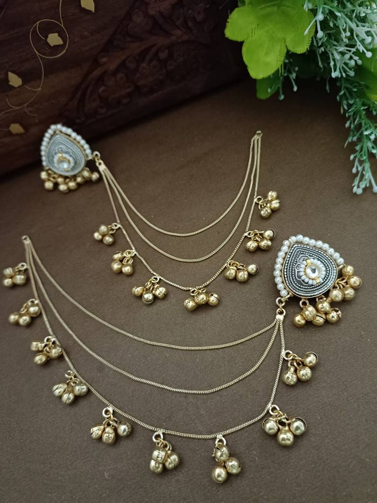 Gold-Plated Kashmiri Ear Chains With Multilayer Ghungroo Drops : VS105389