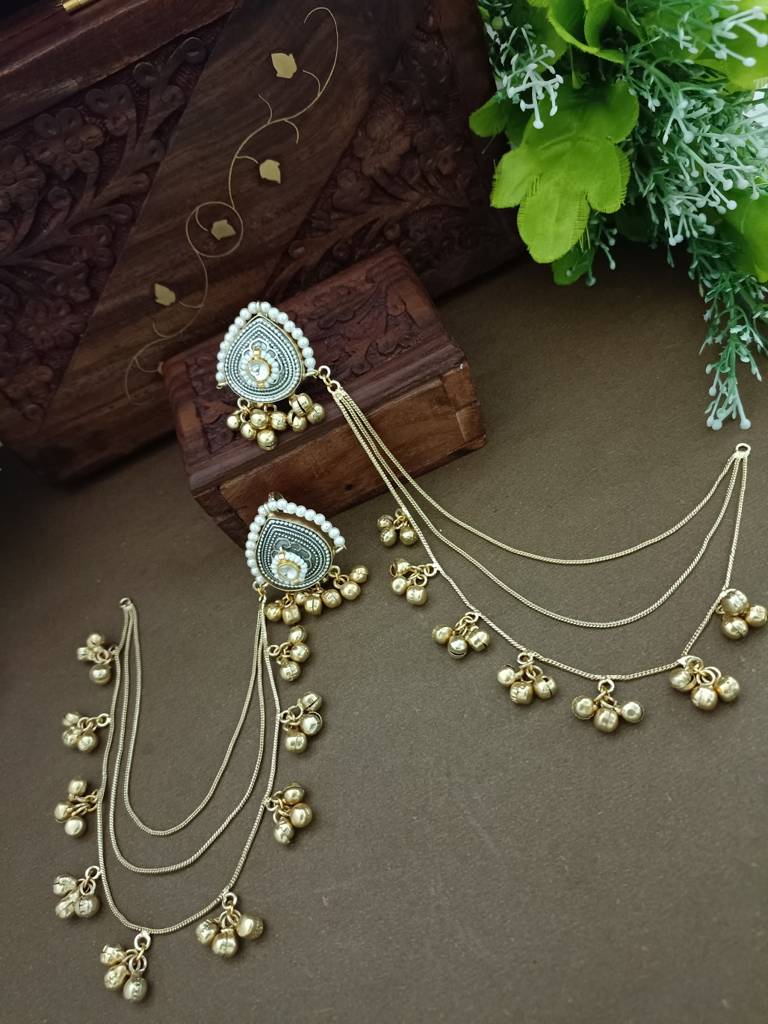 Gold-Plated Kashmiri Ear Chains With Multilayer Ghungroo Drops : VS105389