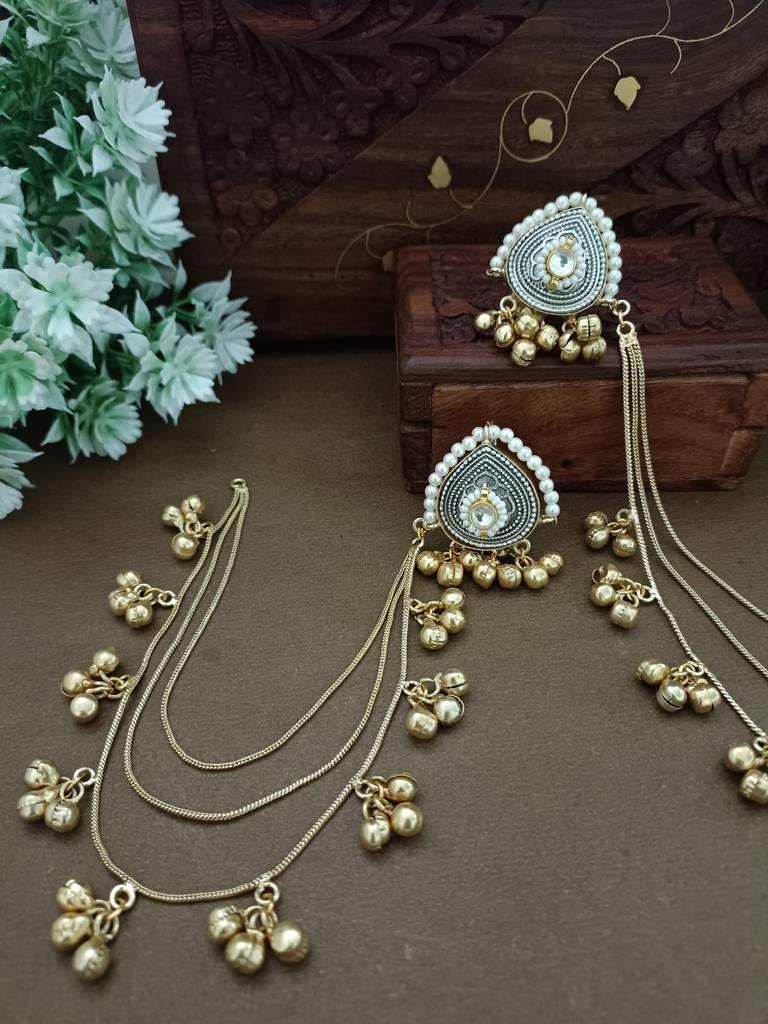 Gold-Plated Kashmiri Ear Chains With Multilayer Ghungroo Drops : VS105389