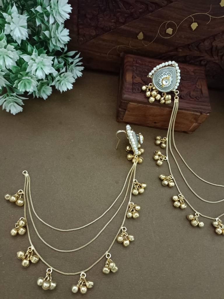 Gold-Plated Kashmiri Ear Chains With Multilayer Ghungroo Drops : VS105389