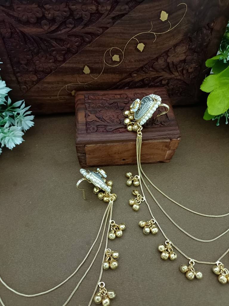 Gold-Plated Kashmiri Ear Chains With Multilayer Ghungroo Drops : VS105389