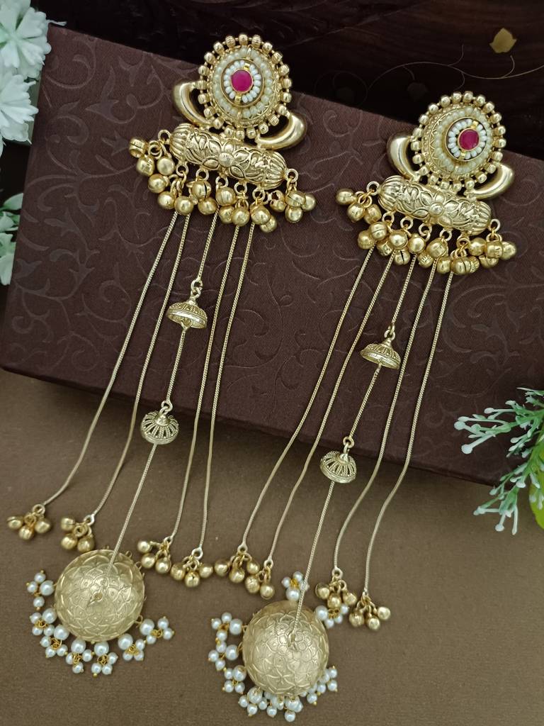 Gold-Plated Kashmiri Long Jhumka Earrings With Pearl & Ghungroo Chains : VS105382