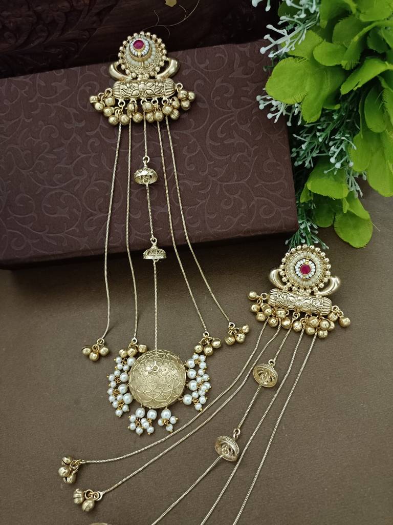 Gold-Plated Kashmiri Long Jhumka Earrings With Pearl & Ghungroo Chains : VS105382