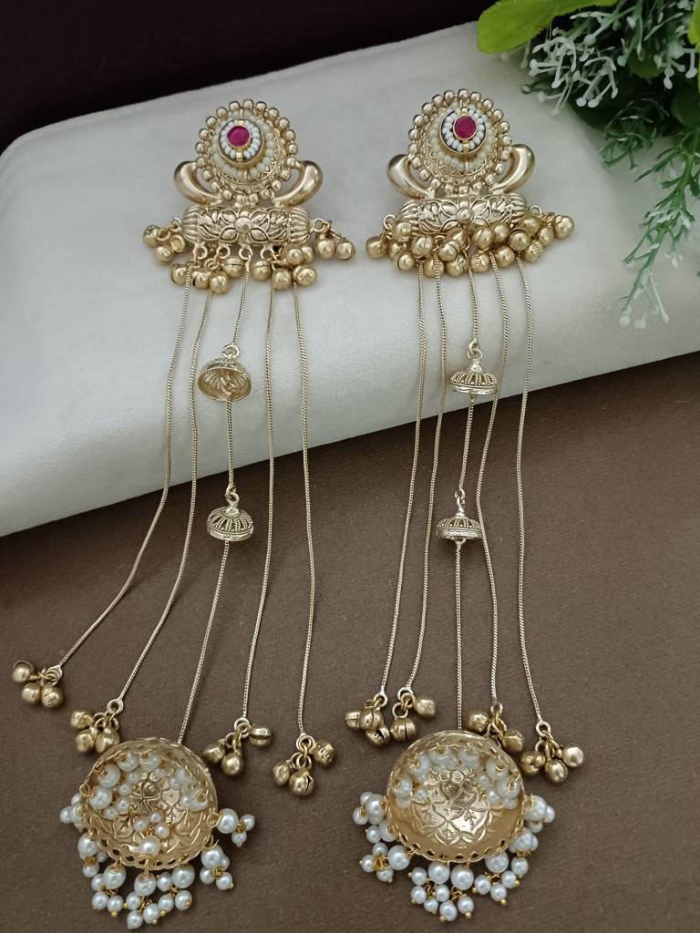 Gold-Plated Kashmiri Long Jhumka Earrings With Pearl & Ghungroo Chains : VS105382