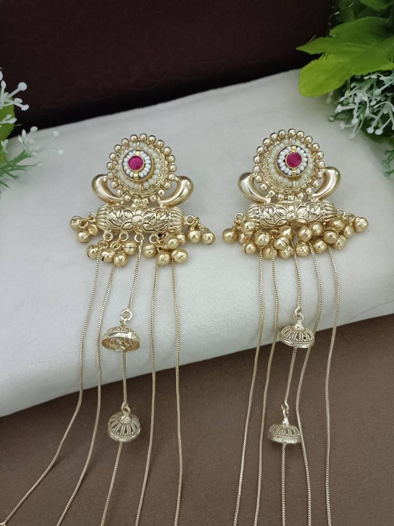 Gold-Plated Kashmiri Long Jhumka Earrings With Pearl & Ghungroo Chains : VS105382