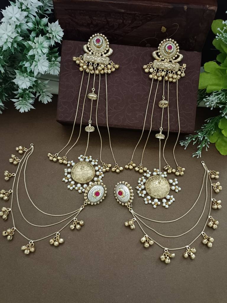 Gold-Plated Kashmiri Long Jhumka Earrings With Matching Ear Chains : VS105384