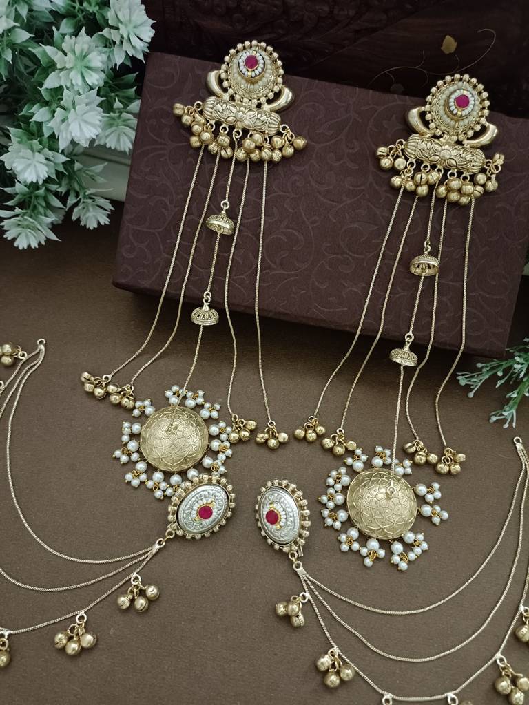 Gold-Plated Kashmiri Long Jhumka Earrings With Matching Ear Chains : VS105384