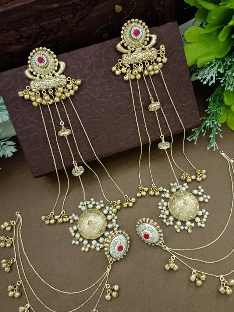 Gold-Plated Kashmiri Long Jhumka Earrings With Matching Ear Chains : VS105384