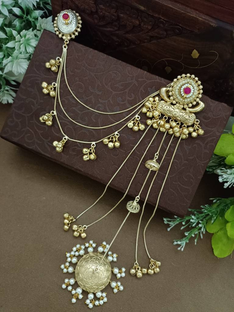 Gold-Plated Kashmiri Long Jhumka Earrings With Matching Ear Chains : VS105384