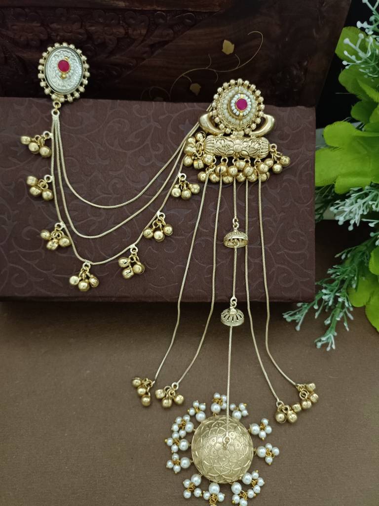 Gold-Plated Kashmiri Long Jhumka Earrings With Matching Ear Chains : VS105384
