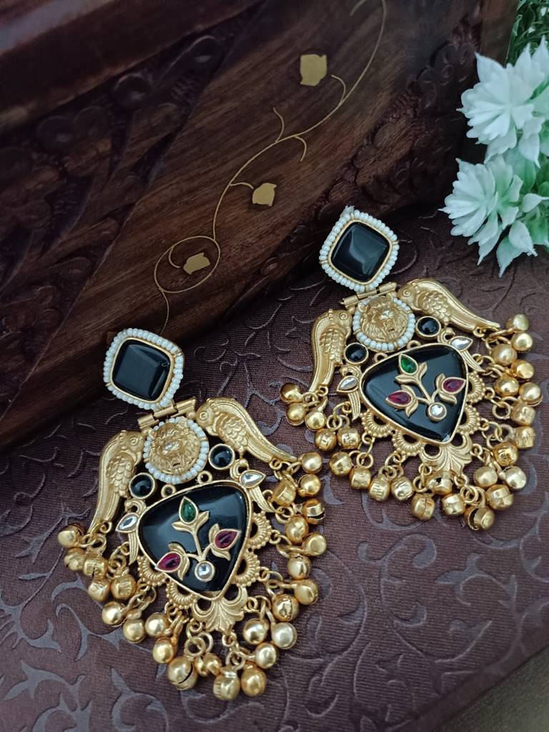 Gold Plated Pachi Kundan Studded Bird Chandbali Kashmiri Ghungaroo Drop Earrings : VS105405