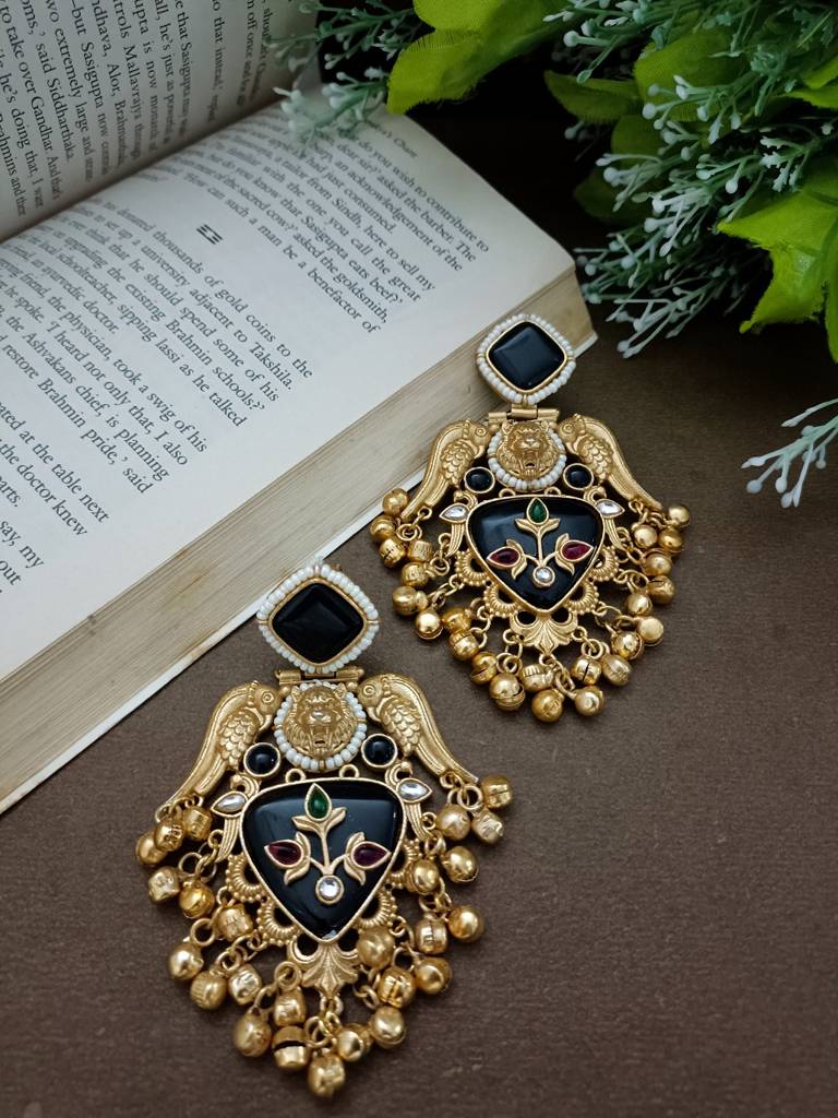 Gold Plated Pachi Kundan Studded Bird Chandbali Kashmiri Ghungaroo Drop Earrings : VS105405