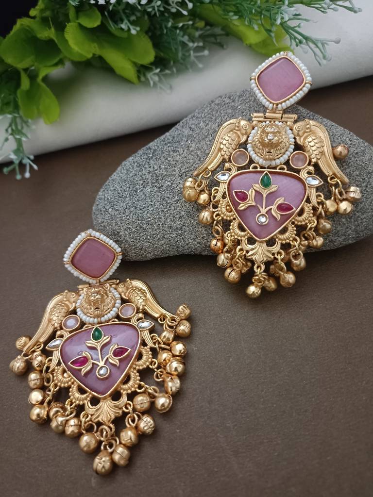 Gold Plated Pachi Kundan Studded Bird Chandbali Kashmiri Ghungaroo Drop Earrings : VS105406