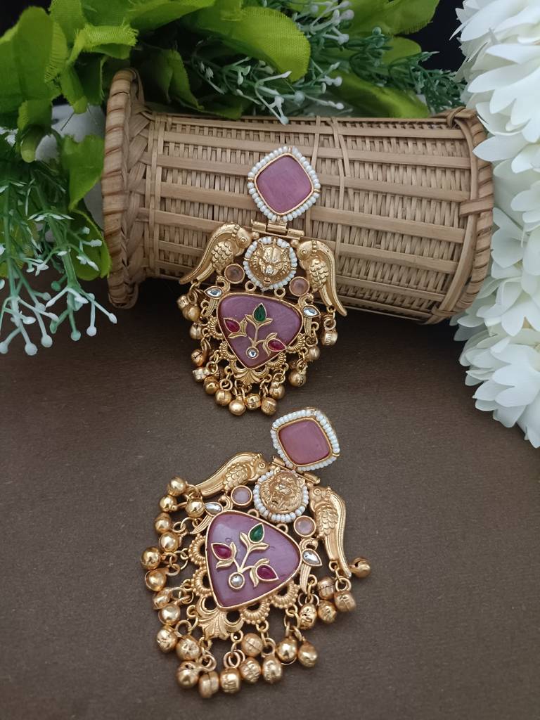 Gold Plated Pachi Kundan Studded Bird Chandbali Kashmiri Ghungaroo Drop Earrings : VS105406