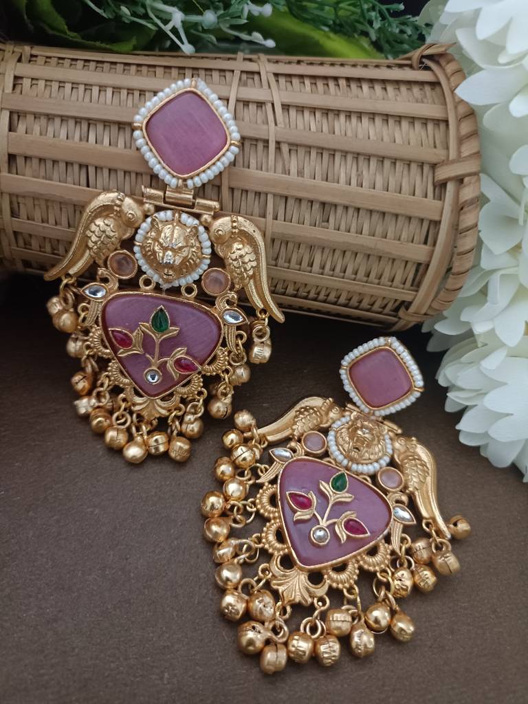 Gold Plated Pachi Kundan Studded Bird Chandbali Kashmiri Ghungaroo Drop Earrings : VS105406