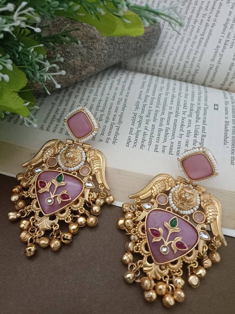 Gold Plated Pachi Kundan Studded Bird Chandbali Kashmiri Ghungaroo Drop Earrings : VS105406