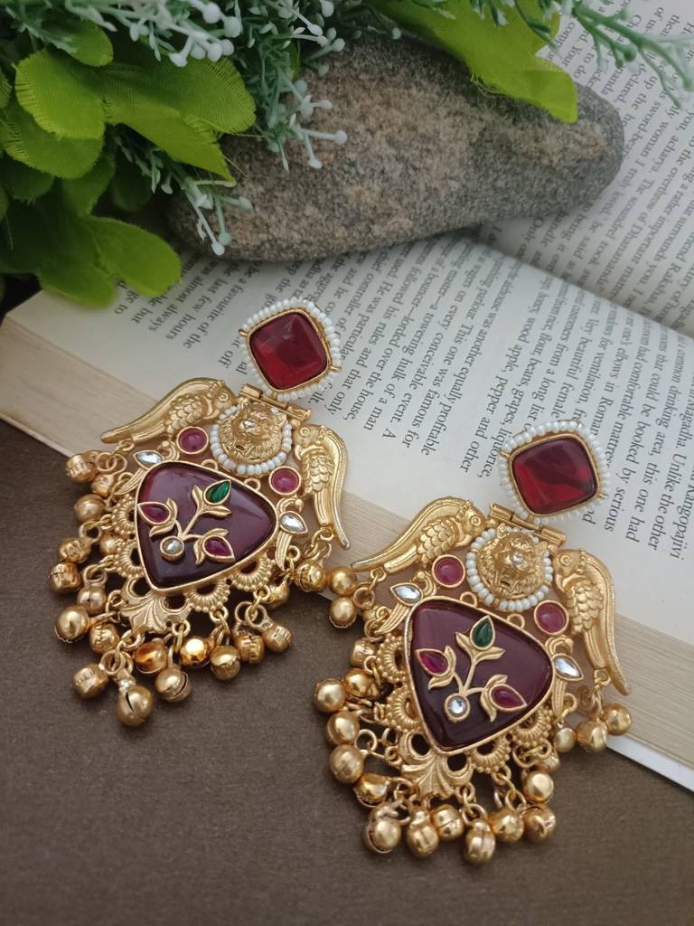 Gold Plated Pachi Kundan Studded Bird Chandbali Kashmiri Ghungaroo Drop Earrings : VS105404