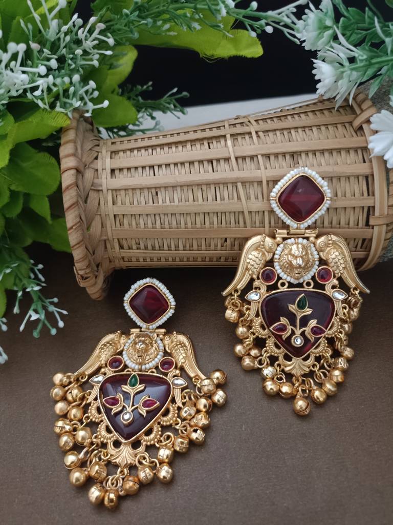 Gold Plated Pachi Kundan Studded Bird Chandbali Kashmiri Ghungaroo Drop Earrings : VS105404