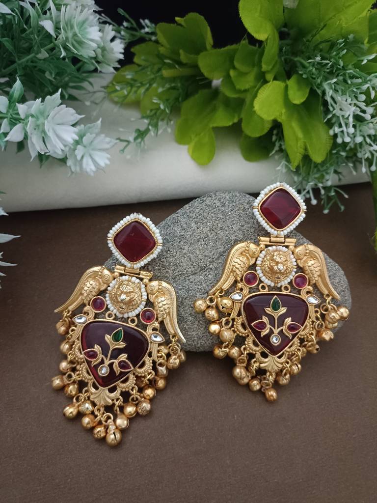 Gold Plated Pachi Kundan Studded Bird Chandbali Kashmiri Ghungaroo Drop Earrings : VS105404