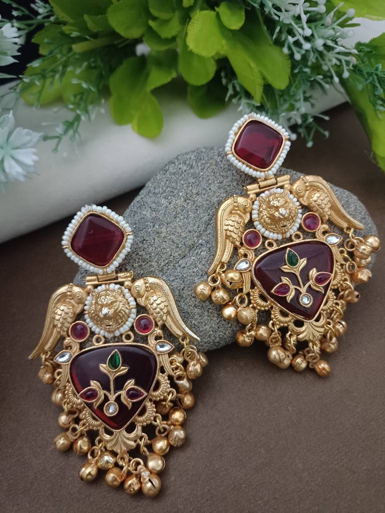 Gold Plated Pachi Kundan Studded Bird Chandbali Kashmiri Ghungaroo Drop Earrings : VS105404