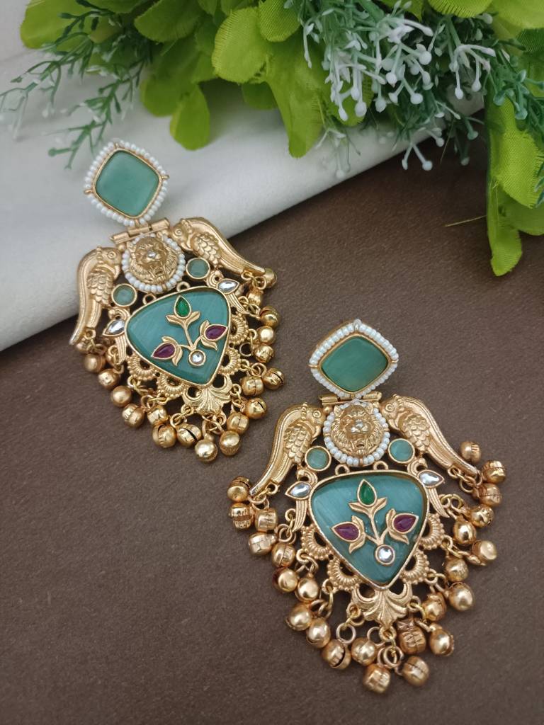Gold Plated Pachi Kundan Studded Bird Chandbali Kashmiri Ghungaroo Drop Earrings : VS105408