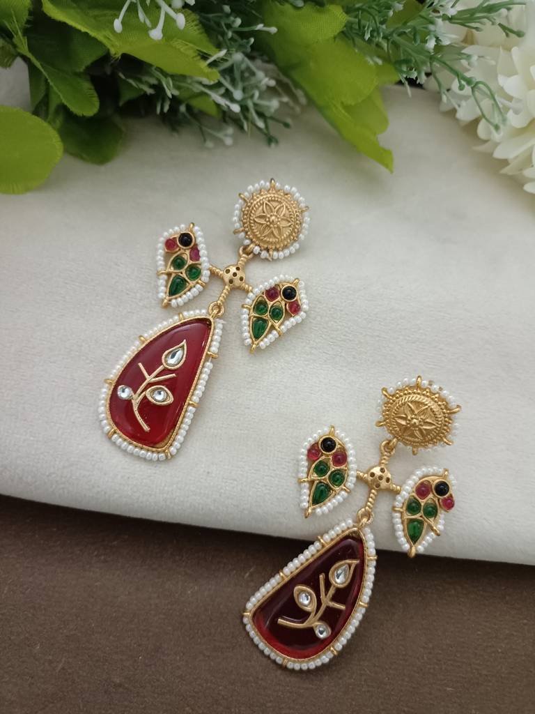 Gold Plated Pachi Kundan Studded Peacock Drop Earrings : VS105403