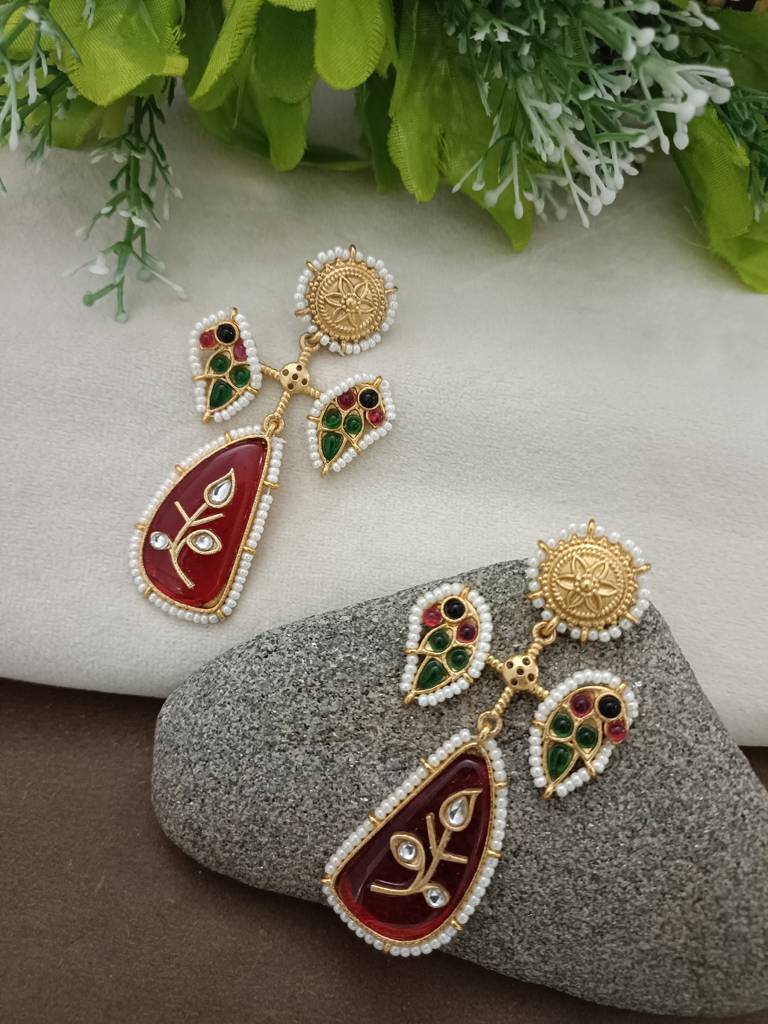 Gold Plated Pachi Kundan Studded Peacock Drop Earrings : VS105403