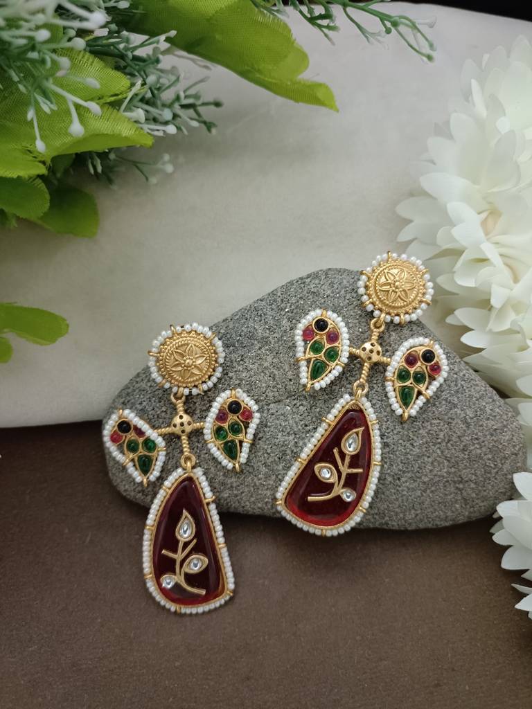 Gold Plated Pachi Kundan Studded Peacock Drop Earrings : VS105403