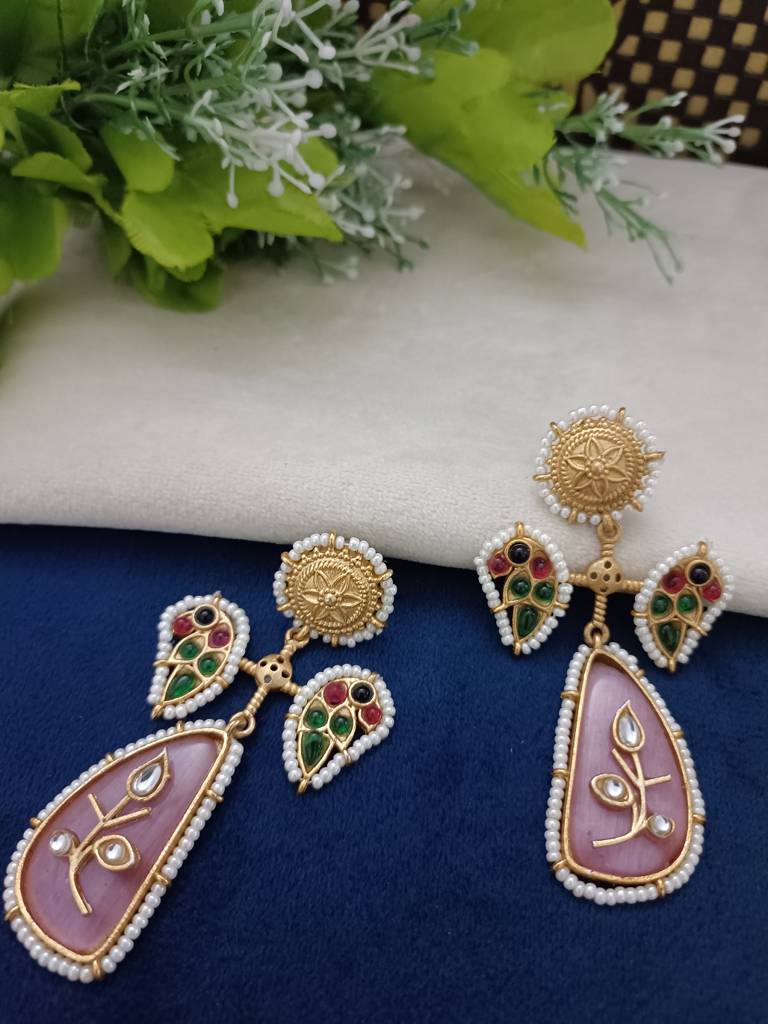 Gold Plated Pachi Kundan Studded Peacock Drop Earrings : VS105402