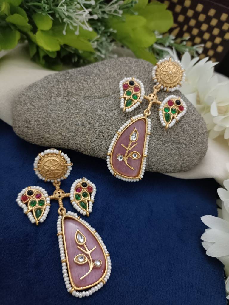 Gold Plated Pachi Kundan Studded Peacock Drop Earrings : VS105402